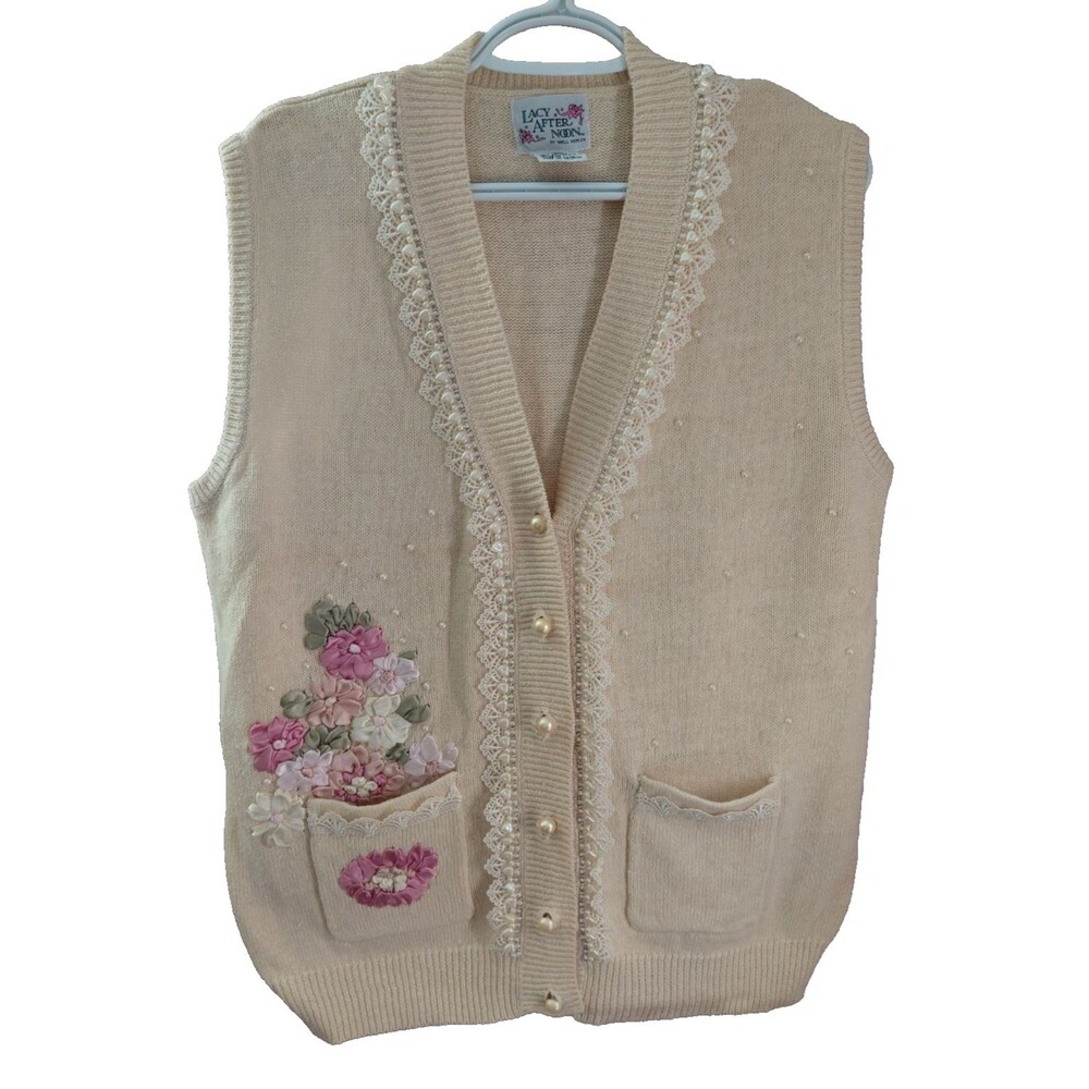 LACY AFTERNOON by Shell Kepler Lace Beaded Embroidered 80's Vintage Vest Size L